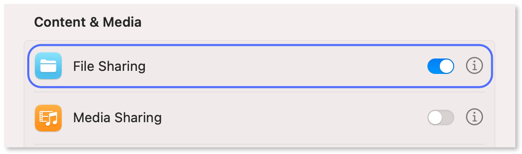 "File sharing" toggle enabled.