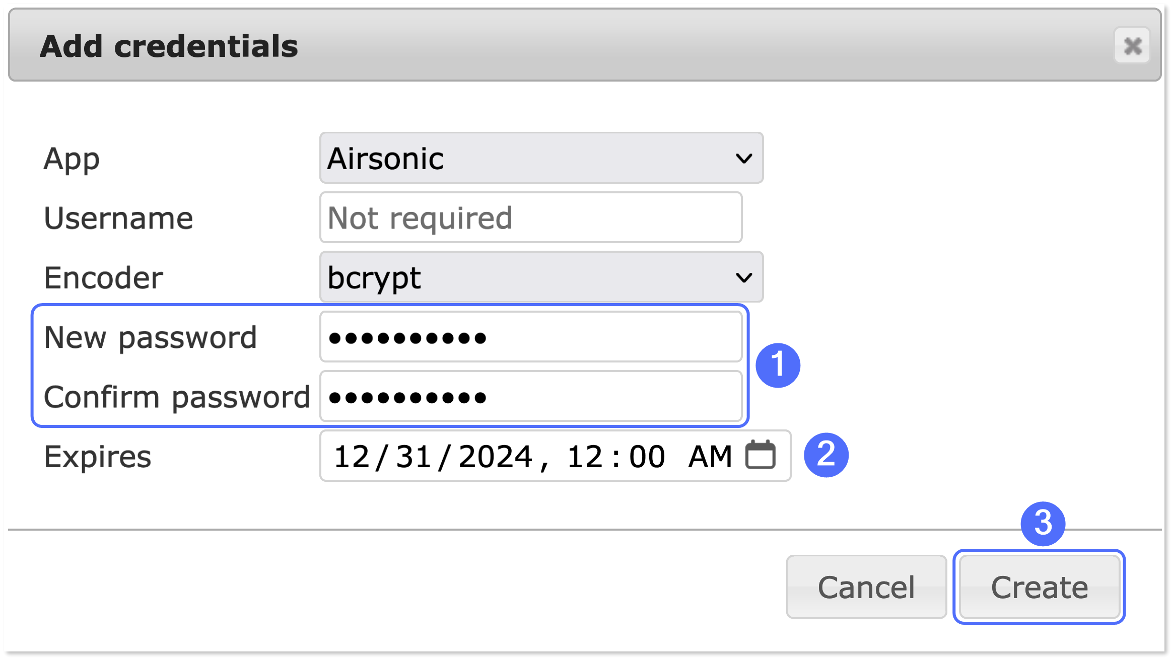 Filling in the required information in the 'Add credentials' dialog.