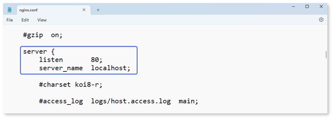 Section of the nginx.conf file containing the port number highlighted.