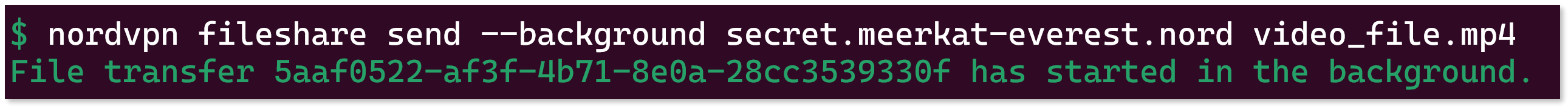 Terminal showing the 'nordvpn fileshare send --background' command.