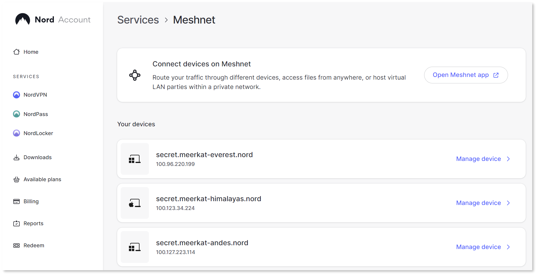 A list of linked devices is displayed at the Nord account dashboard in the Meshnet section