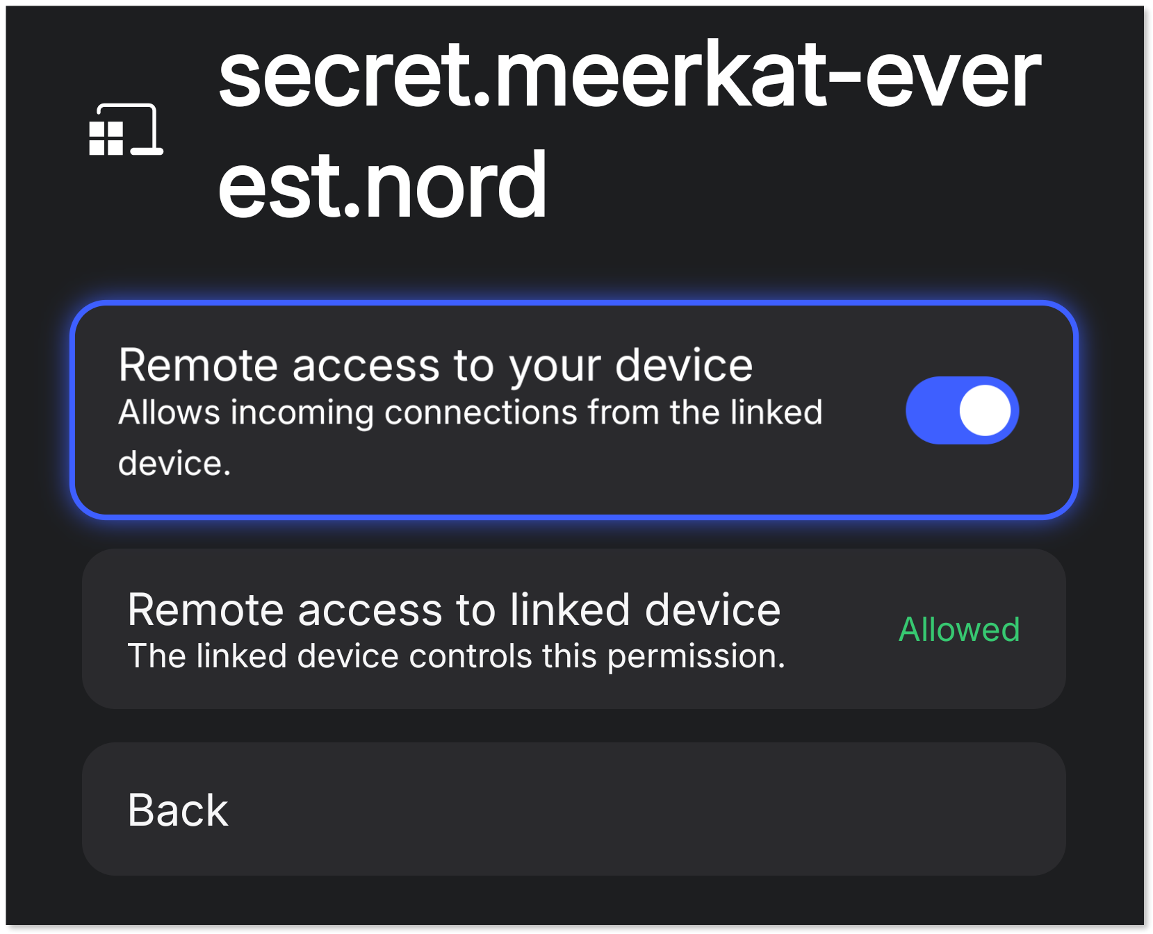 "Remote access to your device" toggle set to the on position.