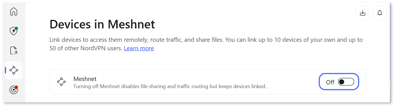 Setting the Meshnet toggle to the on position