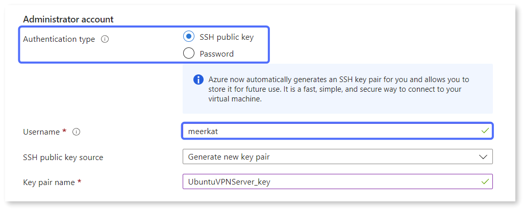 Selecting the SSH public key authentication type and the username for the administrator account.