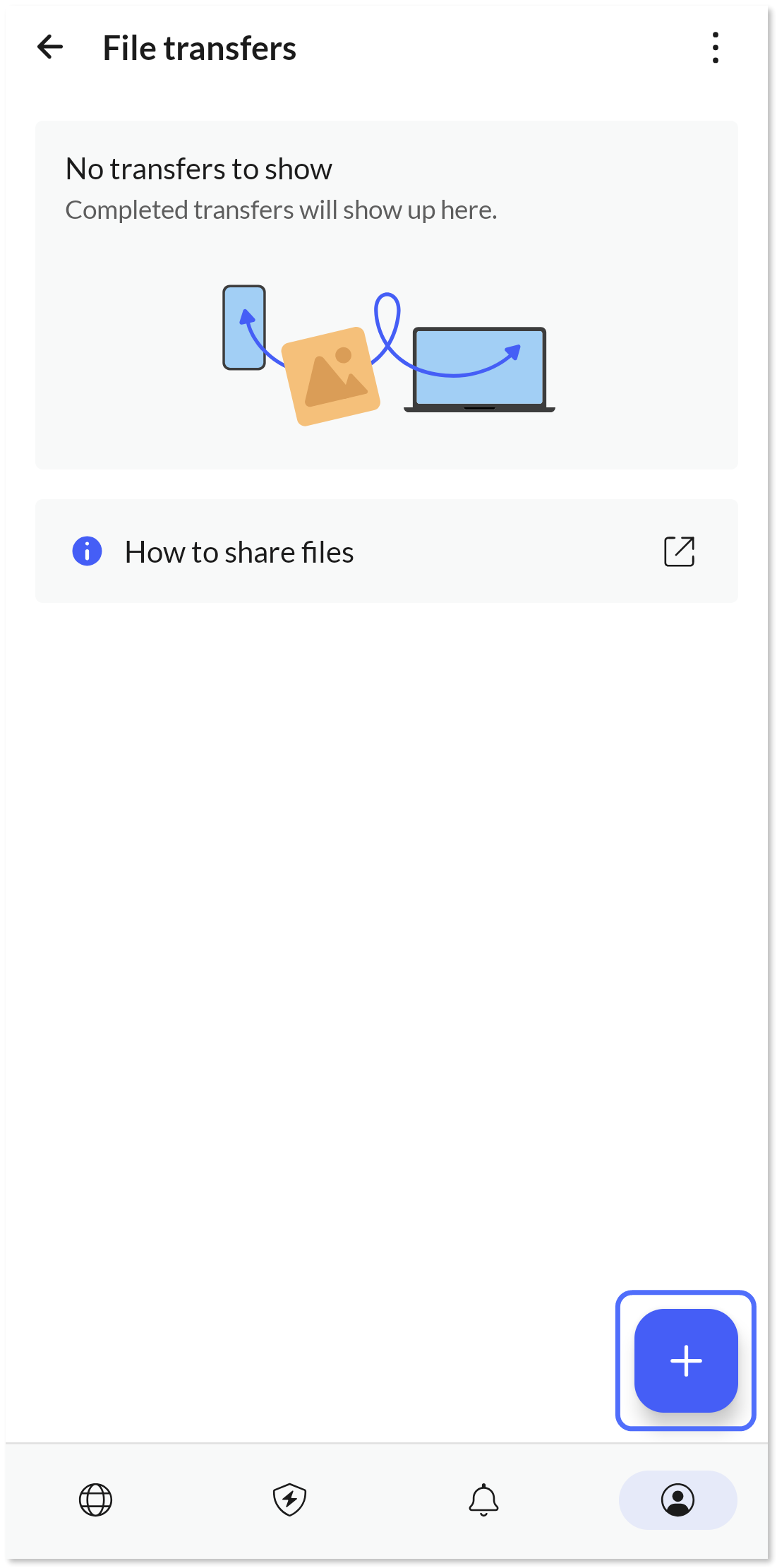 Rectangular plus (+) button highlighted on the File transfers view.