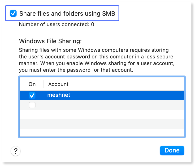 Enabling SMB sharing for the 'meshnet' user.
