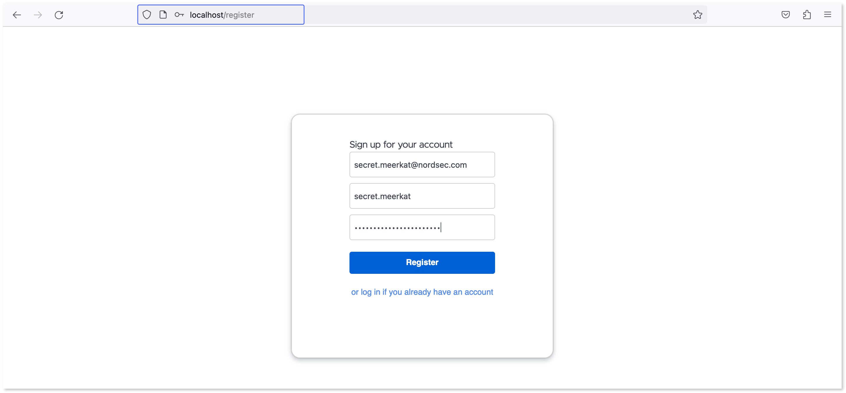 Entering the Focalboard account details for registration.