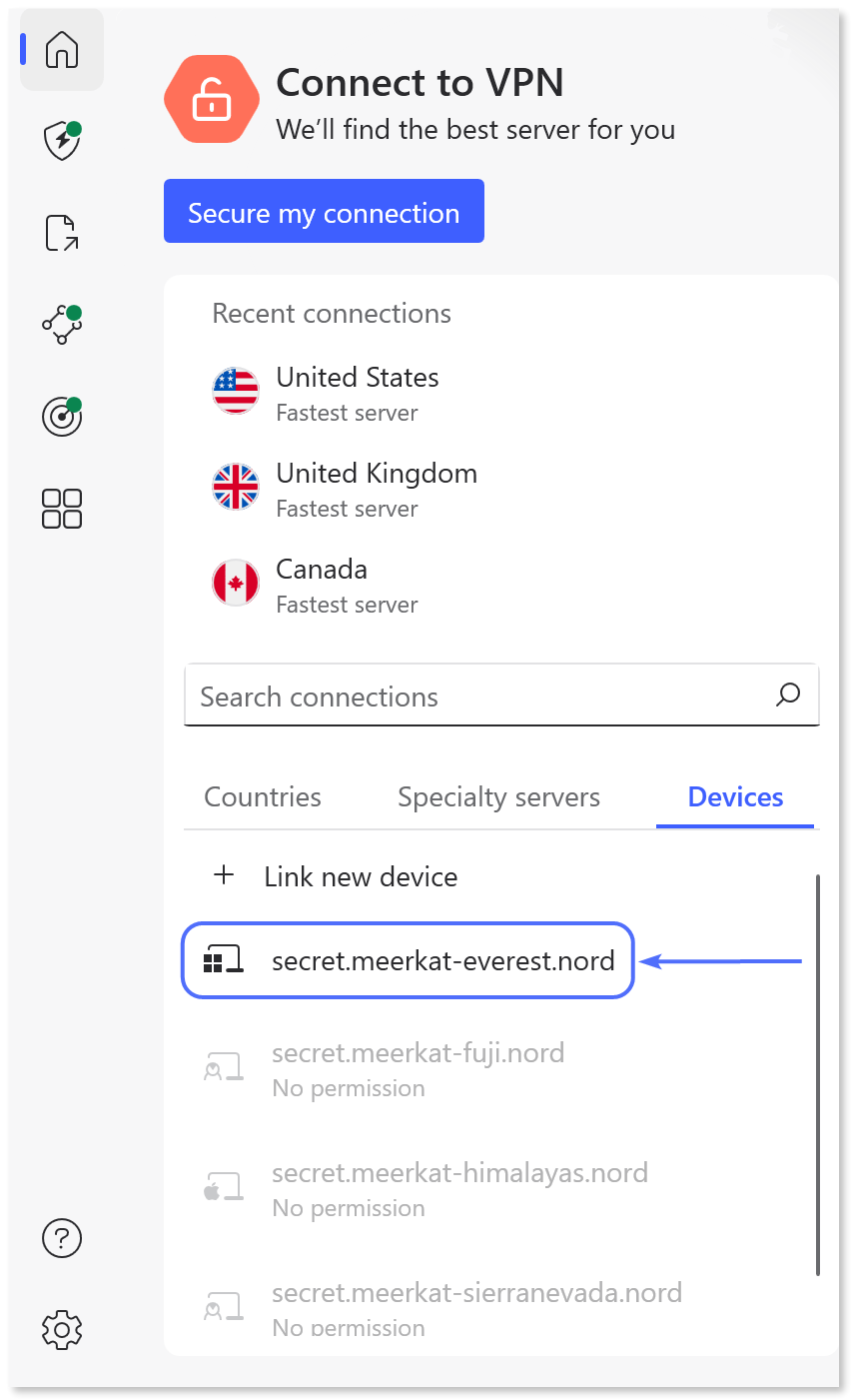 Peer device highlighted under the "Devices" tab in the server list.