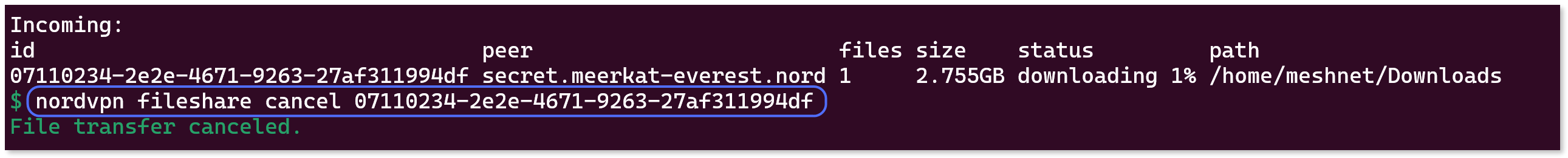 A message confirming the successful cancellation of a file transfer