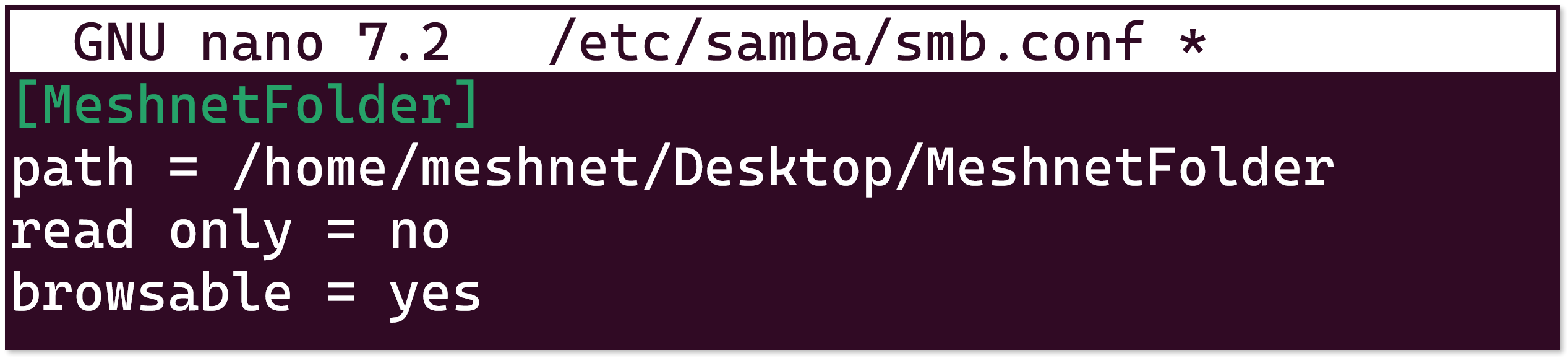 Samba configuration file with the changes for the shared folder.