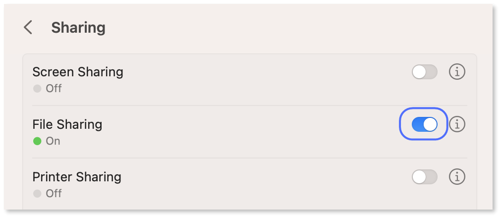 Enabling the File sharing toggle.