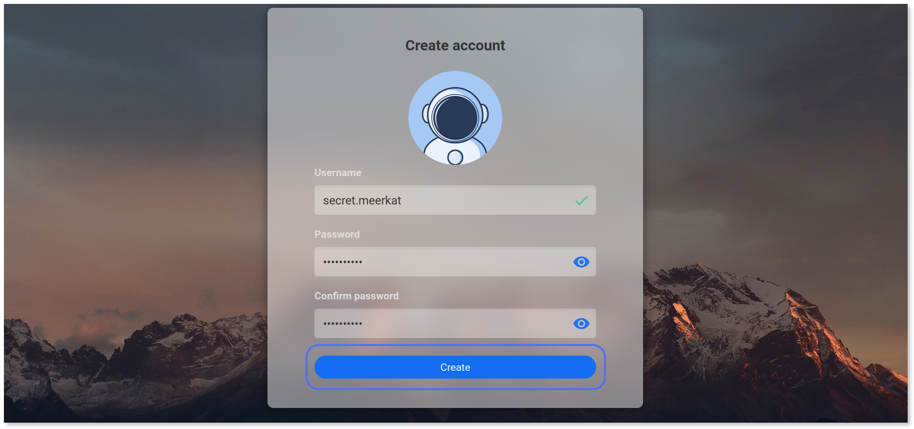 "Create" button highlighted on the CasaOS account creation page.