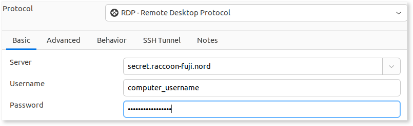 Filling in the Server, Username, and Password boxes.