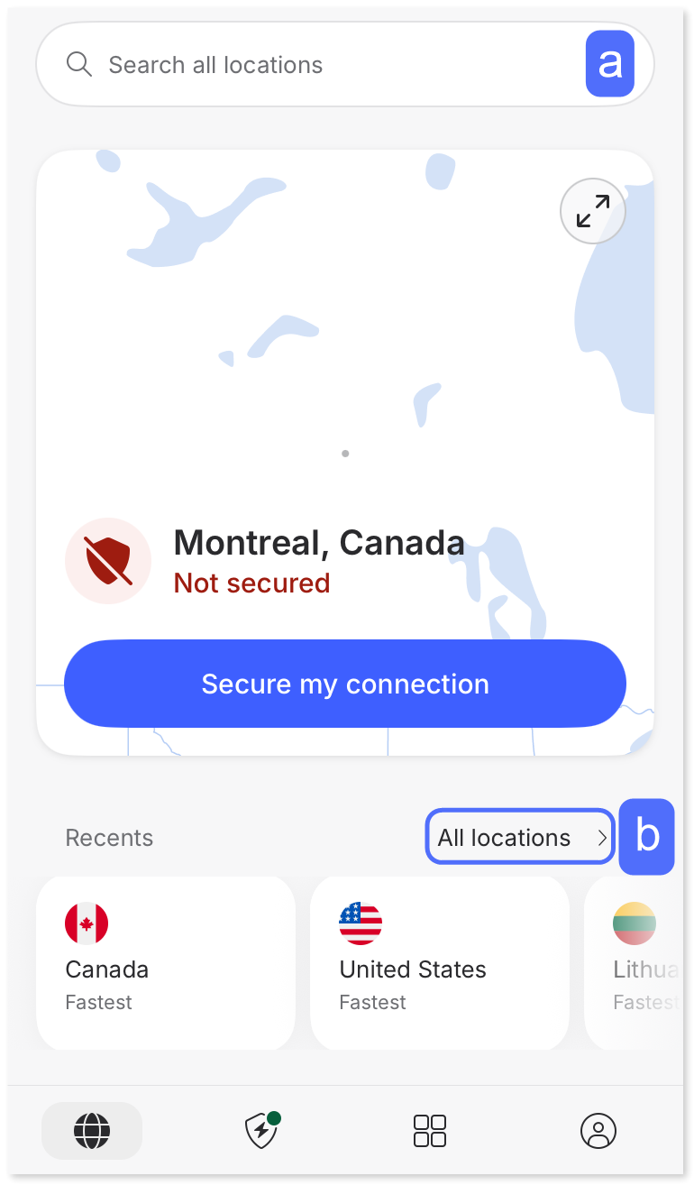 Letter "a" on the "Search all locations" text field at the top of the screen and letter "b" next to the "All locations >" button.