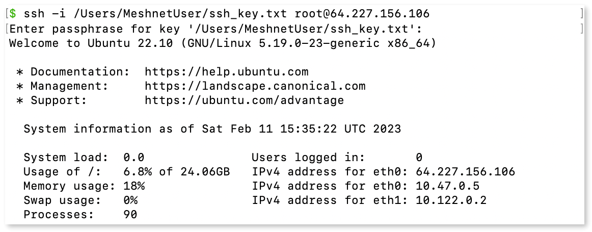 An example of entering a private key in the terminal to connect to the virtual machine