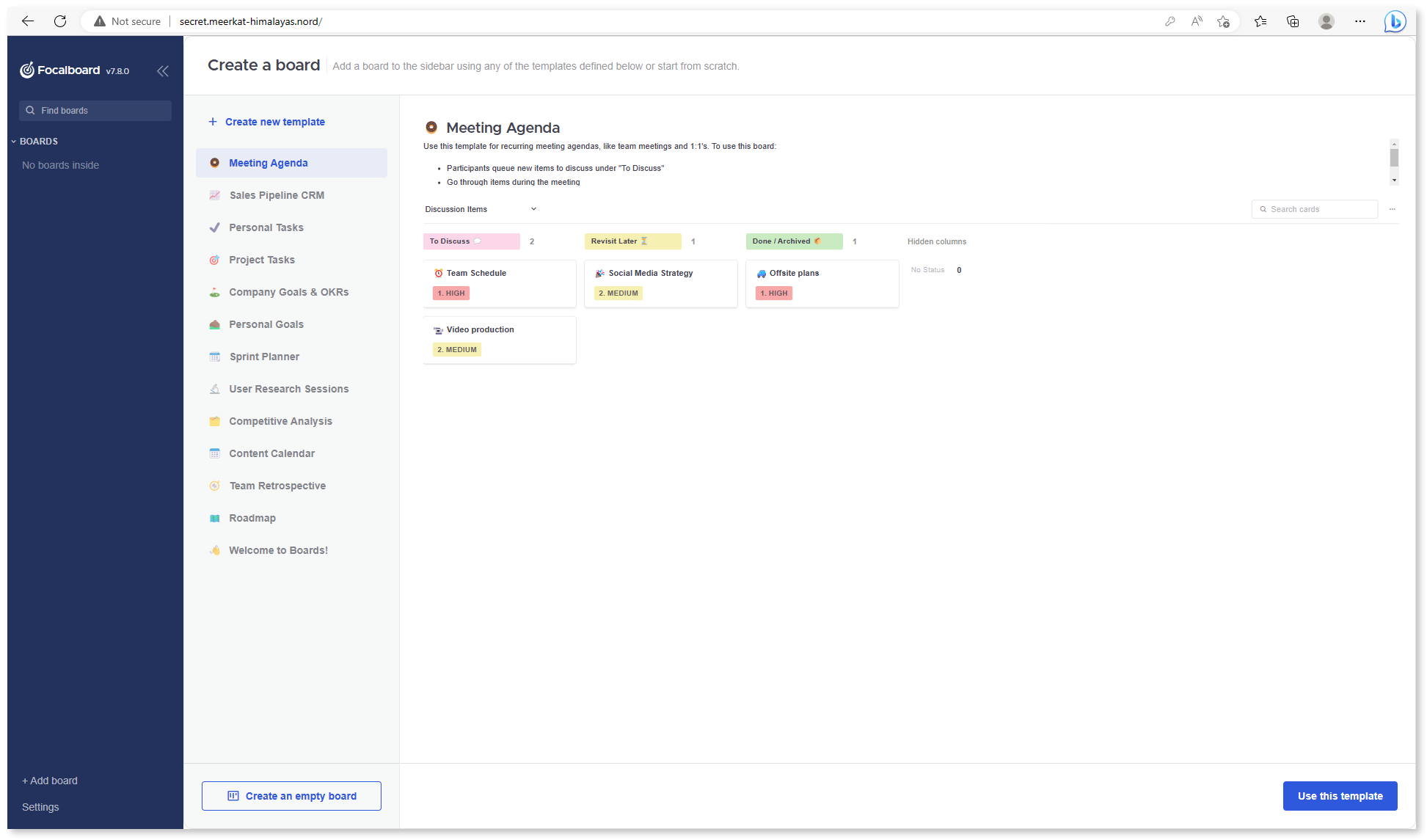 Focalboard dashboard accessed using the Nord name.