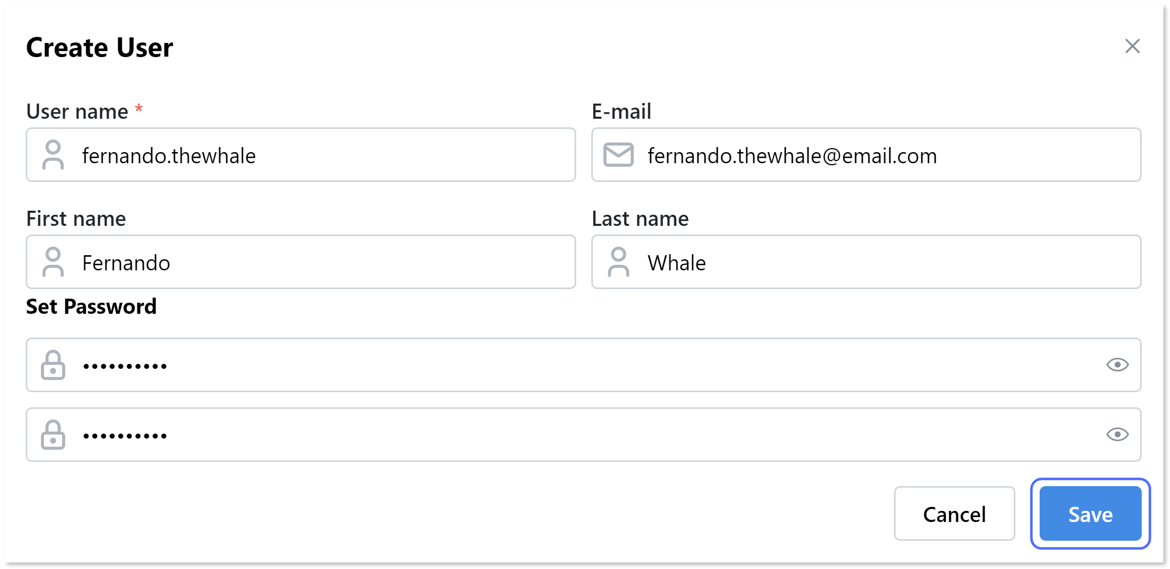 Filling in details for a new user account and clicking "Save".