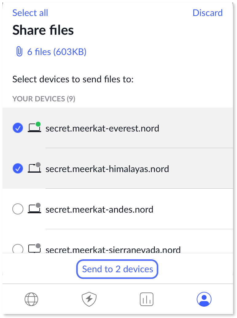 Tapping 'Send to 2 devices' in the Share files card.
