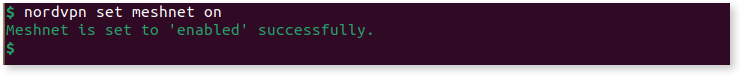 Dispalaying the nordvpn set meshnet on command in the terminal
