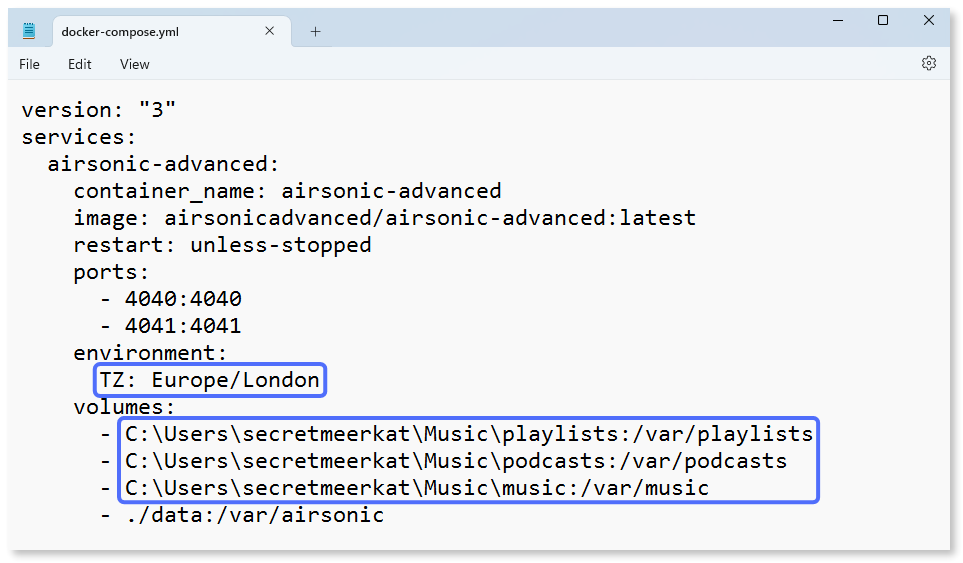 Example Docker Compose file for Airsonic on Windows.