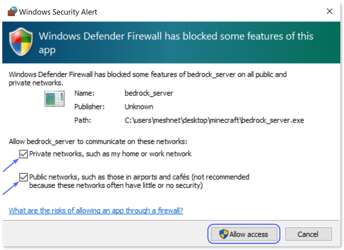 Windows Defender firewall message