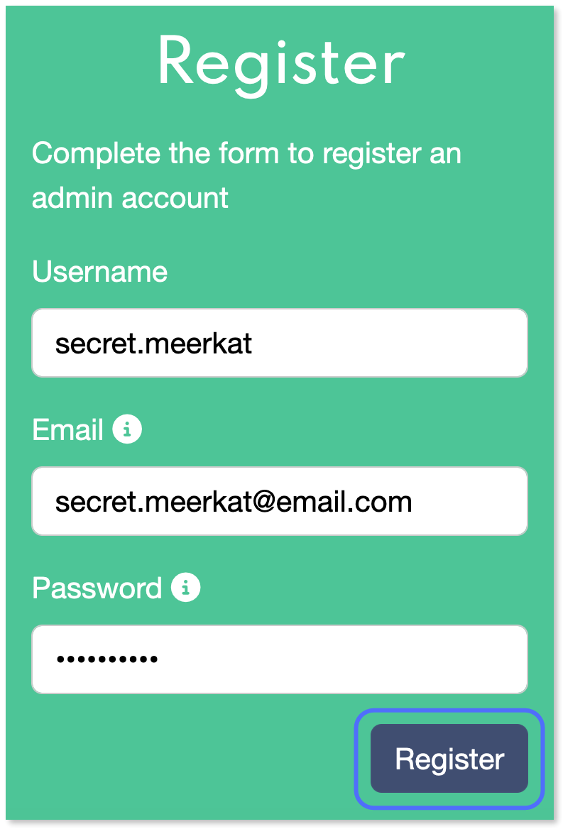 "Register" button highlighted with the username, email, and password fields filled in.