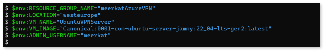 Creating environmental variables for the virtual machine in PowerShell.