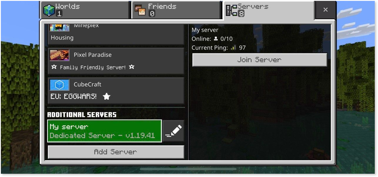 The created server visible under Additional servers