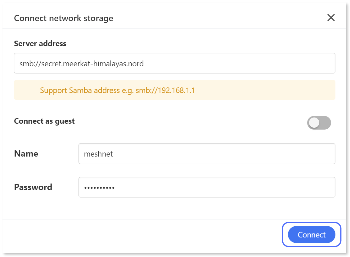 Shared folder URL and authentication credentials entered and the "Connect" button is highlighted.