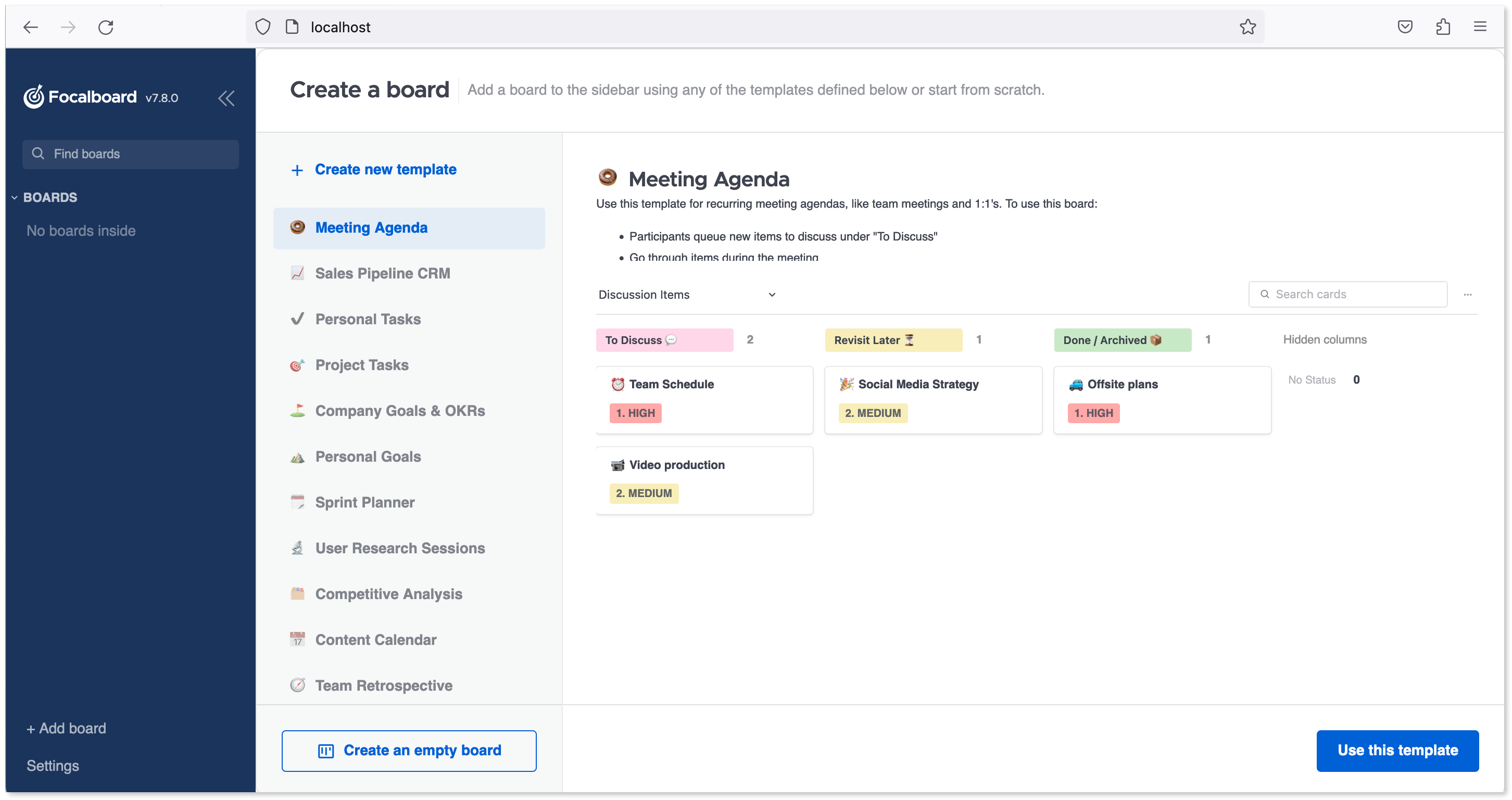 Board templates in Focalboard.