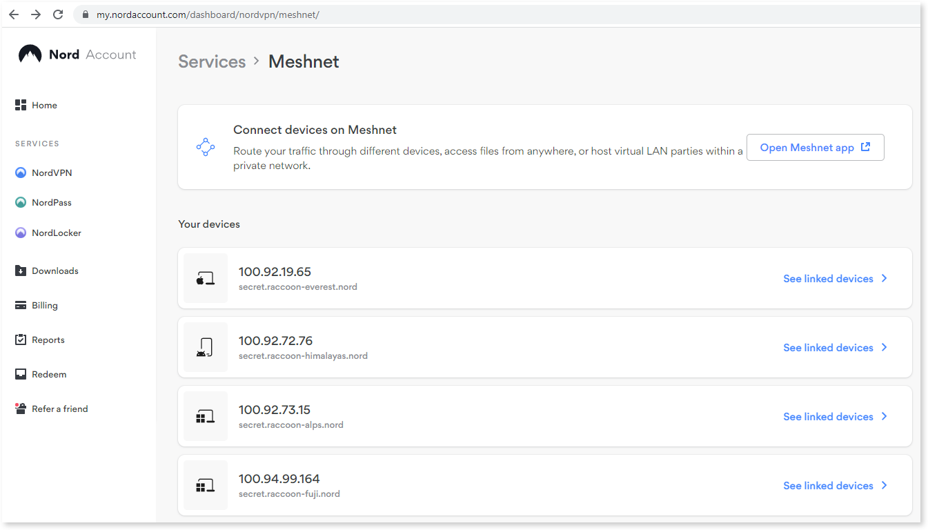 A list of linked devices is displayed at the Nord account dashboard in the Meshnet section