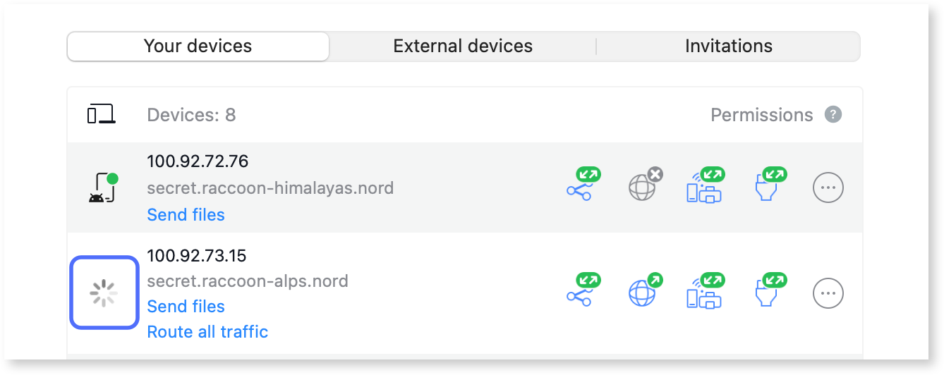 The icon next to the device that has a file transfer in progress is replaced with a progress indicator
