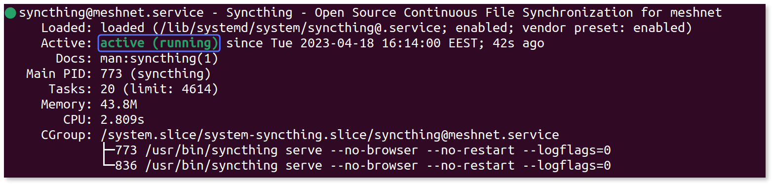 Terminal output showing the the Syncthing process is active and running.
