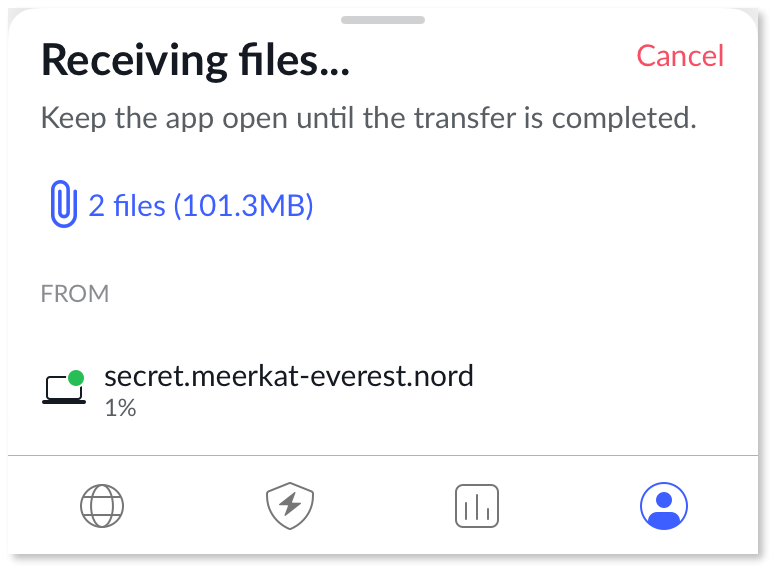 The transfer download progress is shown using a percentage and a progress bar.
