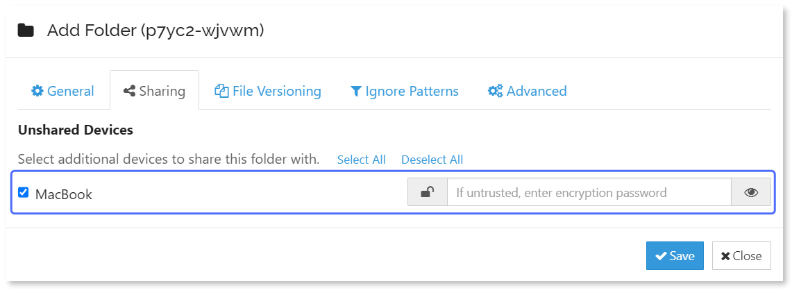 Sharing a folder with the added remote device.