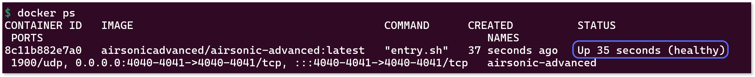 Output of the 'docker ps' command showing that the Airsonic container is active.