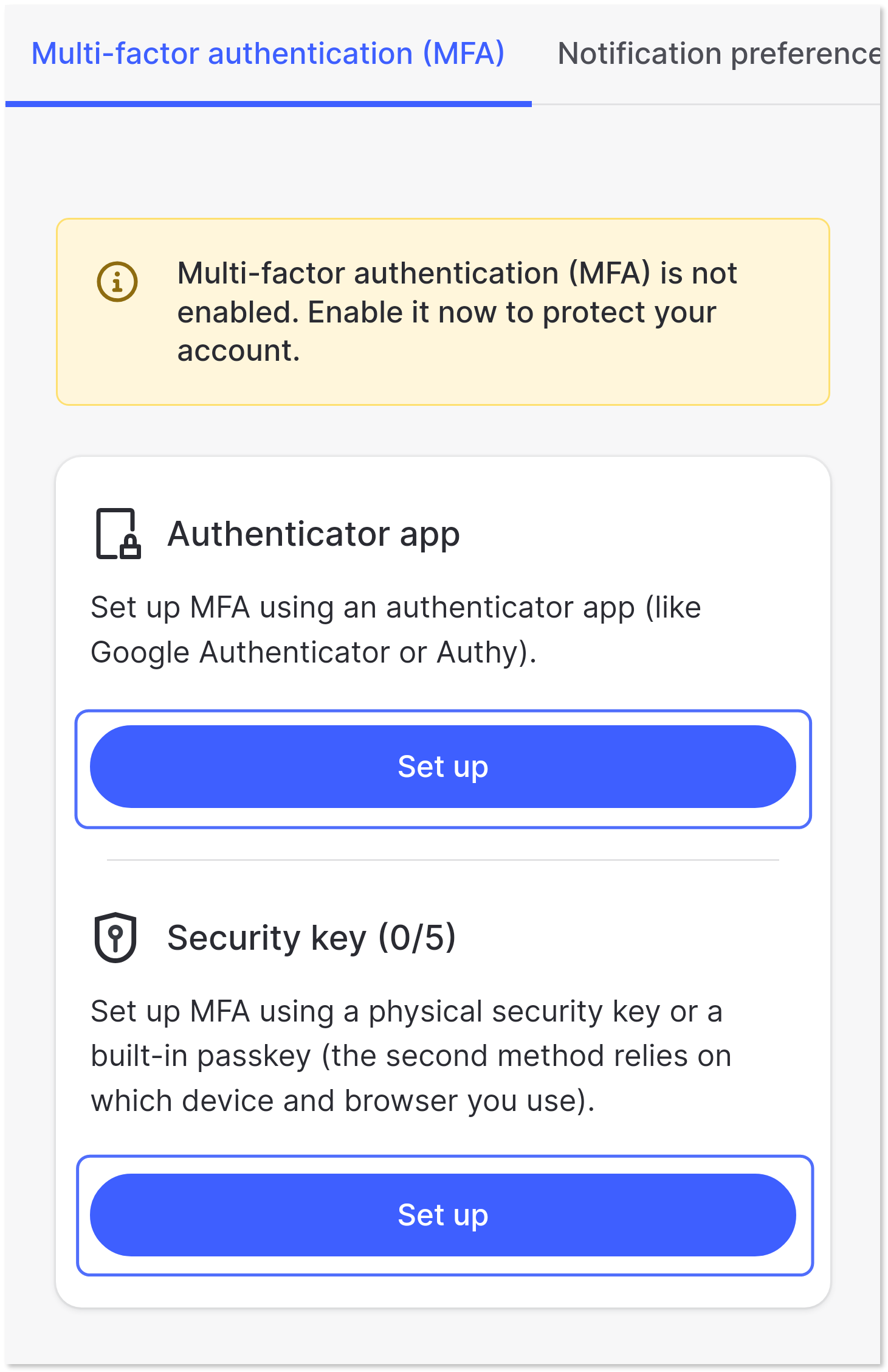"Set up" buttons highlighted under both MFA options.