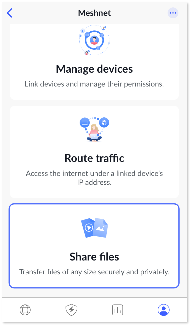 "Share files" card highlighted in the Meshnet tab.