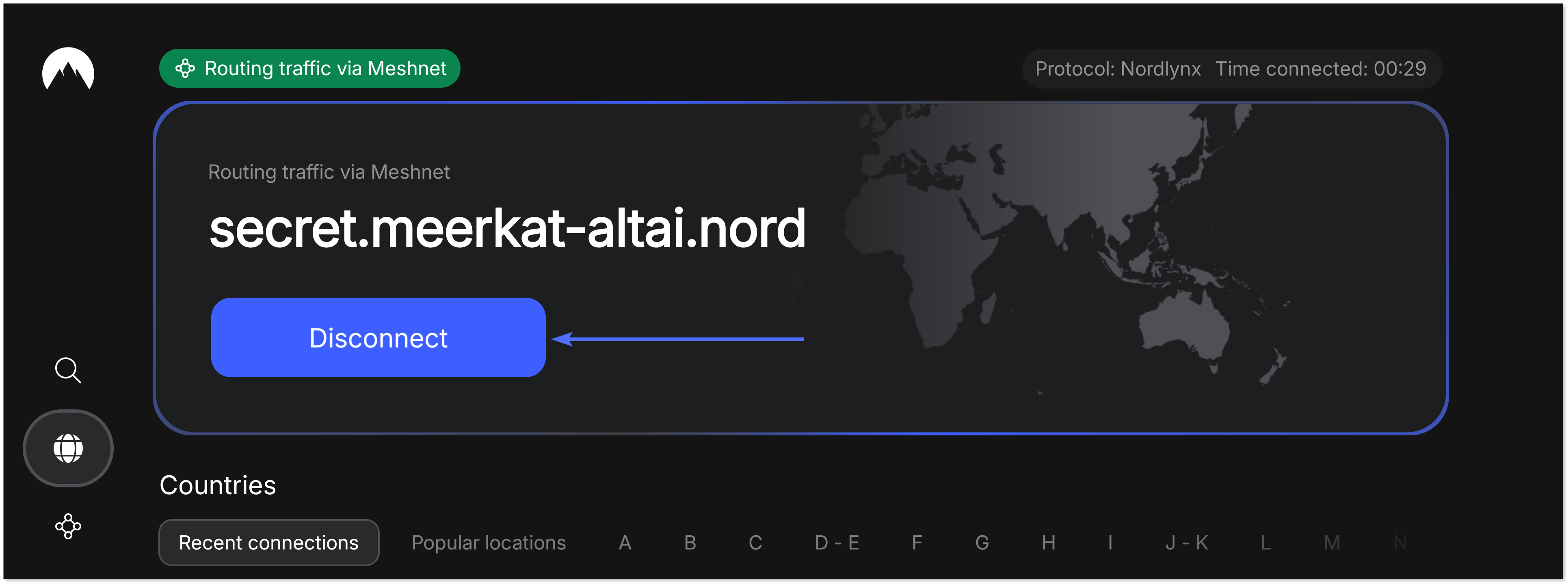 Arrow pointing to the "Disconnect" button on the Home screen.