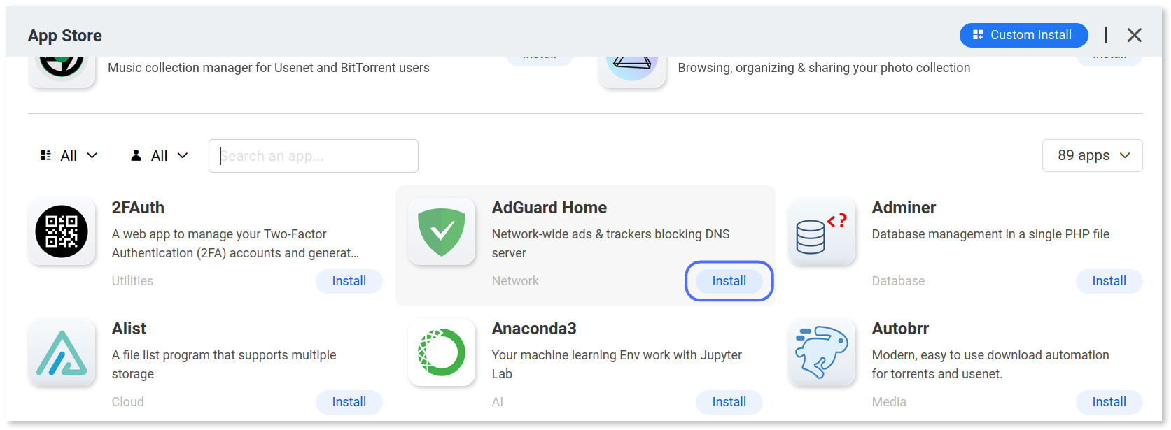 "Install" button for AdGuard Home highlighted.