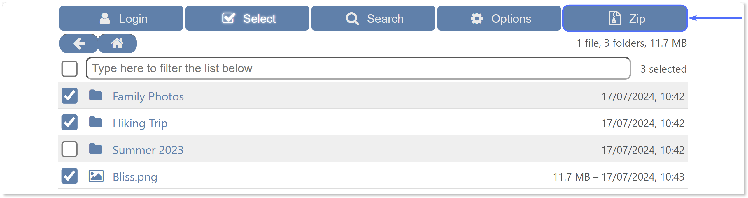 Clicking 'ZIP' to download selected files.