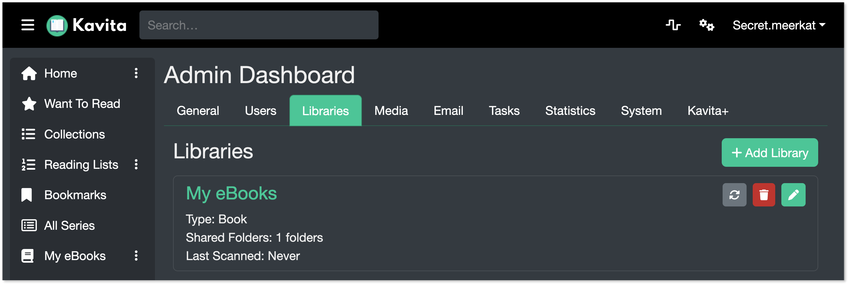 "Libraries" tab of the Kavita dashboard showing the new library.