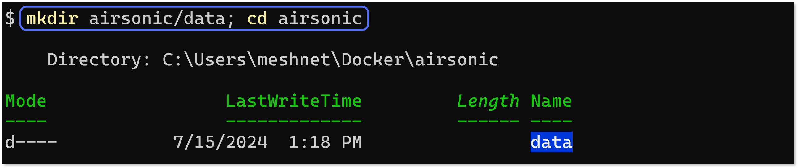 PowerShell output after creating the required directories and navigating to the 'airsonic' folder.