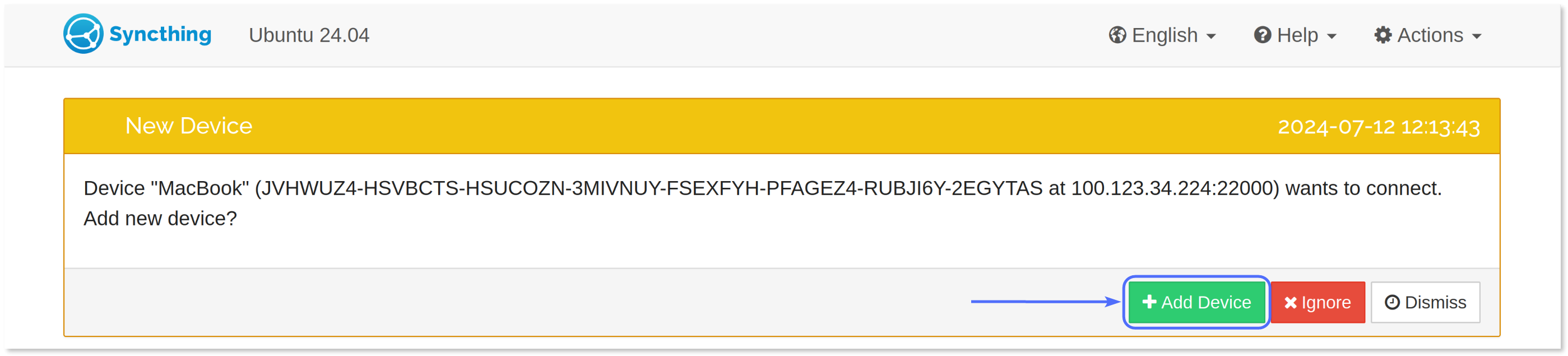 Clicking 'Add device' on the client device.