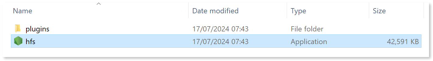 HFS executable file selected in File explorer.