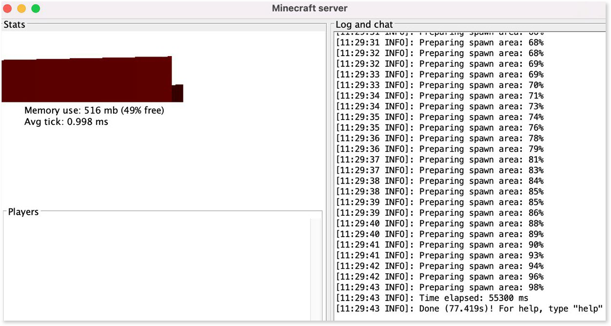 Minecraft server GUI showing the server log