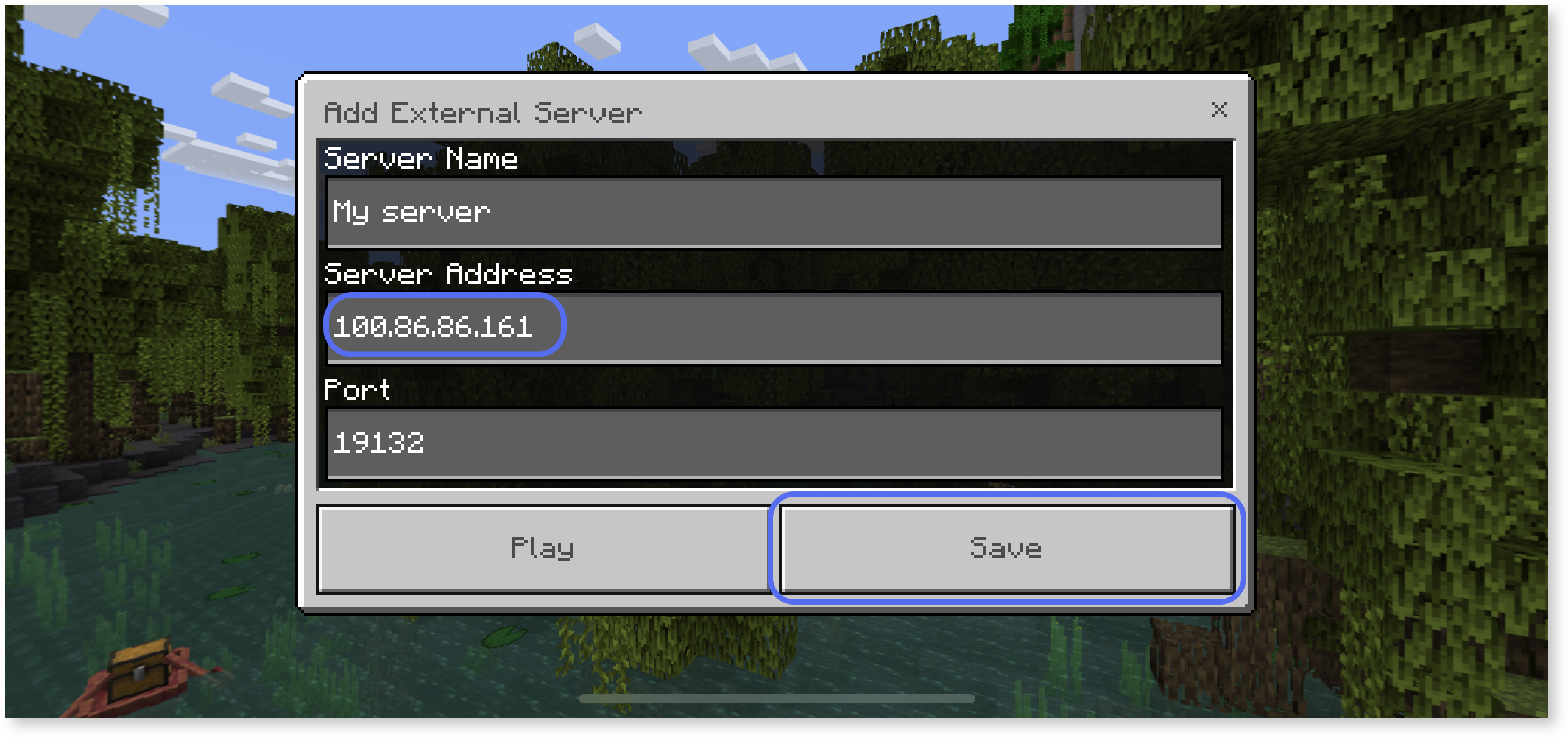 Meshnet IP address of the Minecraft server entered