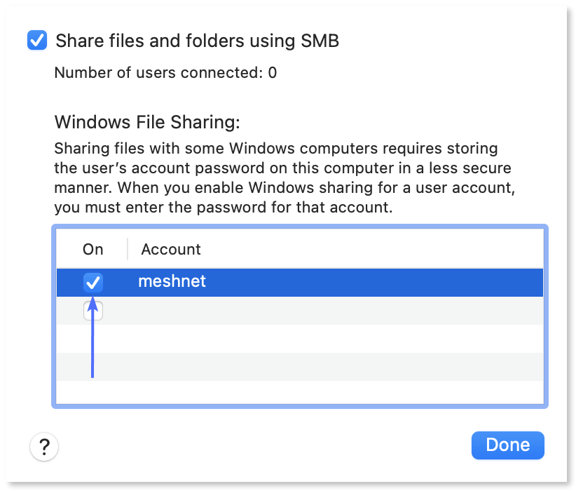 Enabling SMB sharing for the 'meshnet' user.