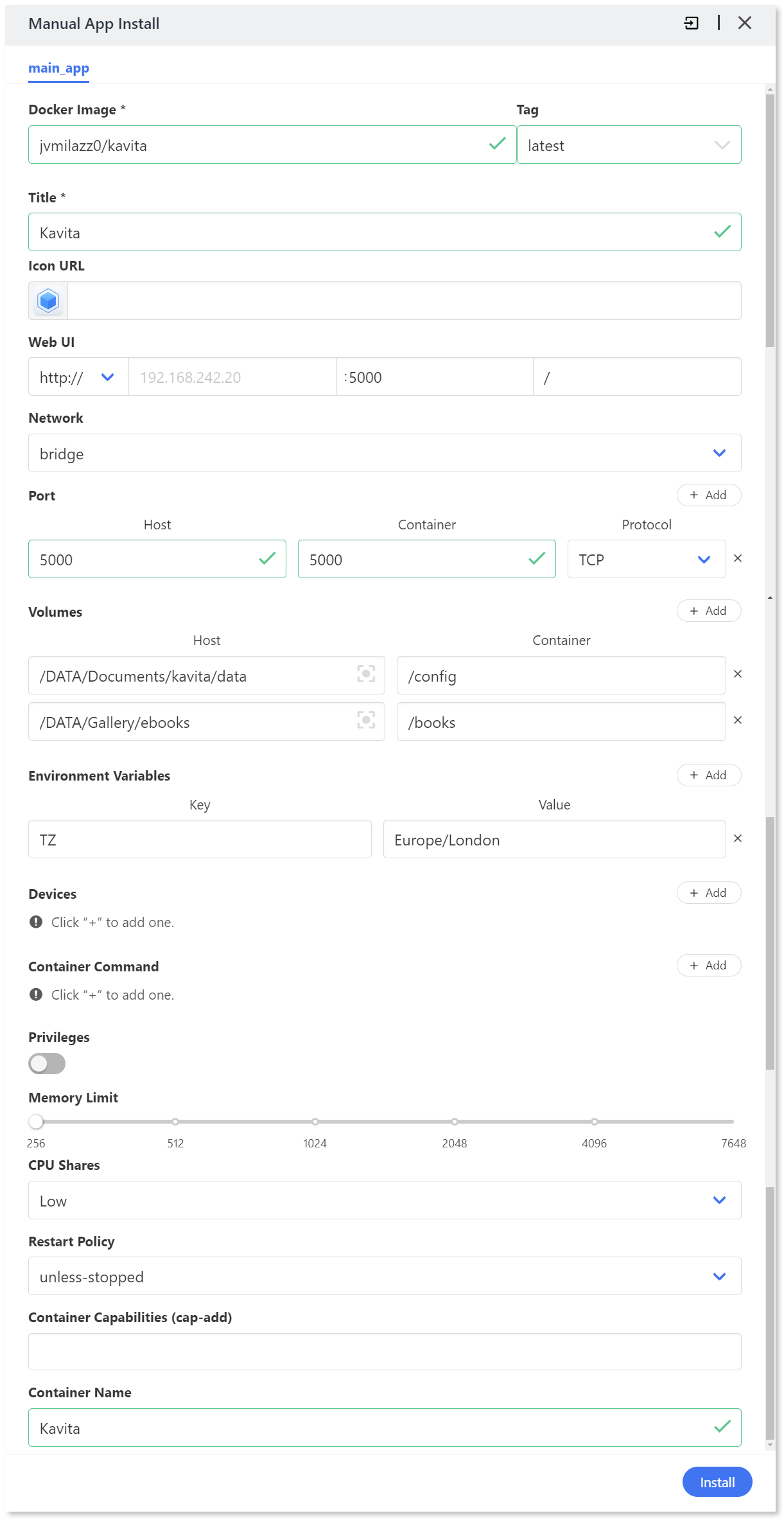 Kavita Docker container configuration in CasaOS.