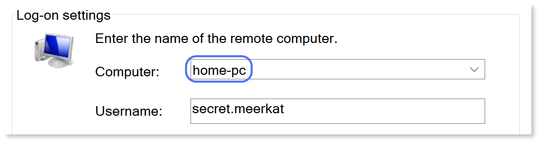 "Remote Desktop Connection" app window with the device's nickname entered in the "Computer" field.